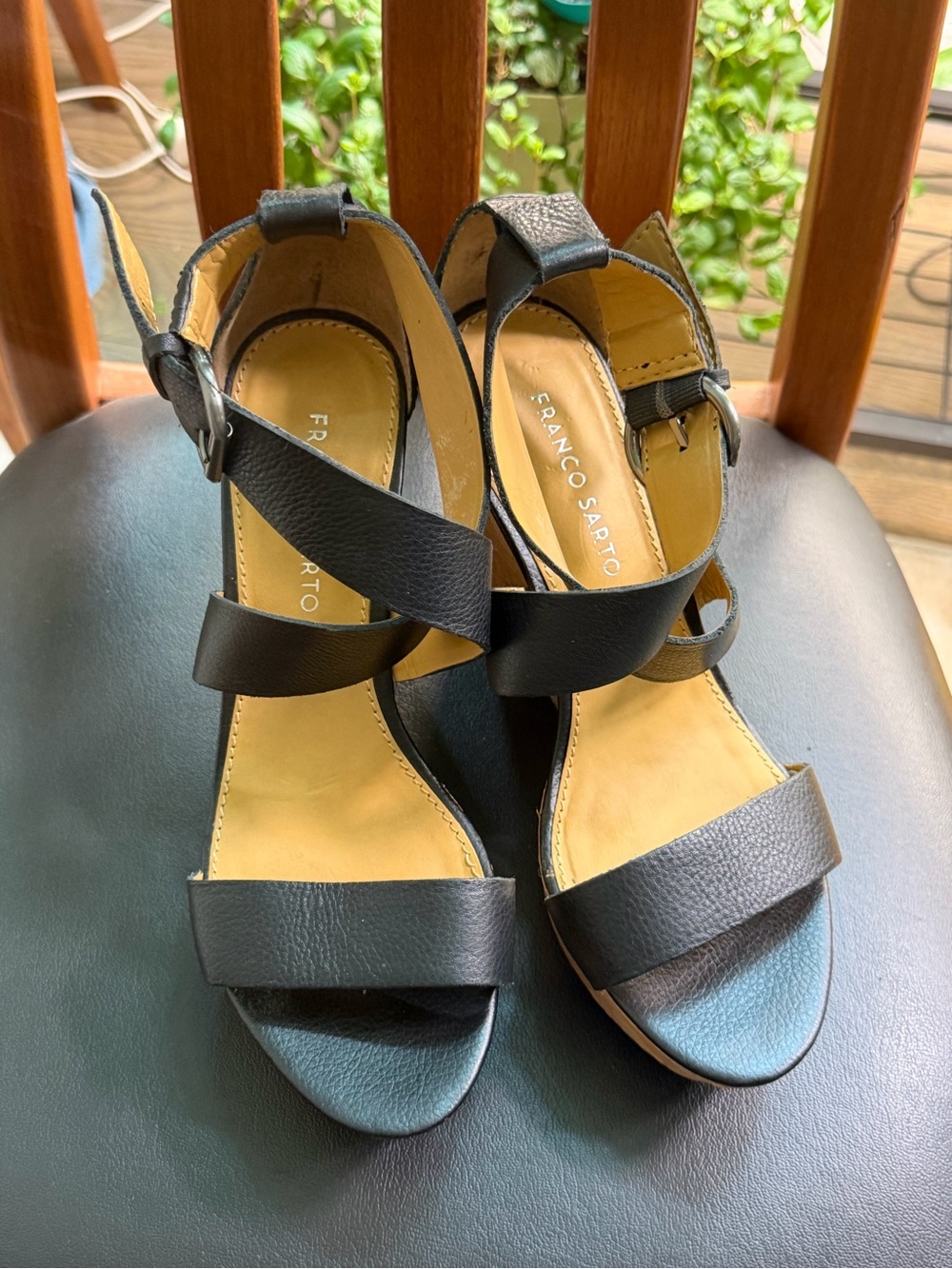 Franco Sarto Black Leather Open-Toe Ankle Strap Heels